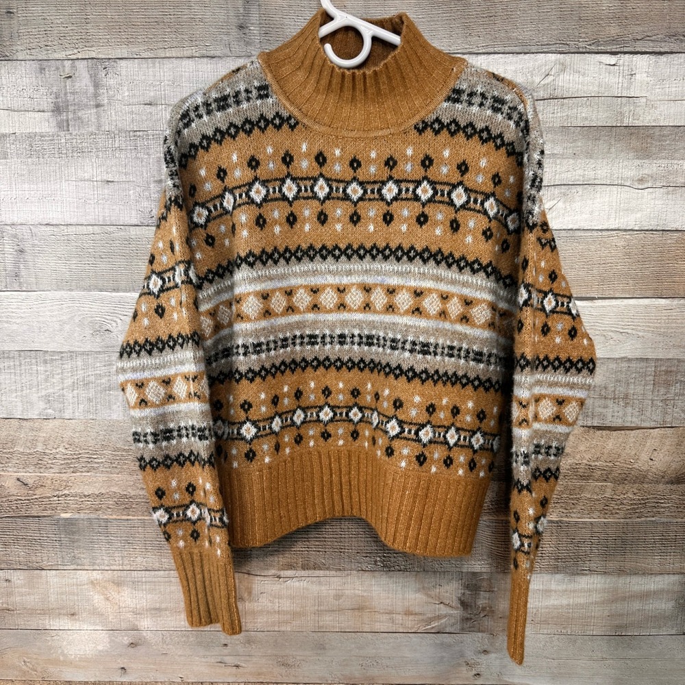 Marled Womens Fair Isle Turtleneck Sweater Camel Brown Black Grey Small